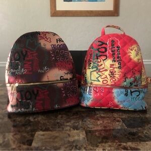 NWT Retro Vintage Brown Multicolor Graffiti Vegan Leather Backpack